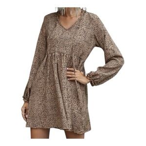 EUC Women's SHEIN LUNE Dalmatian Tie Neck Smock Dress Size XS 2 Khaki Brown